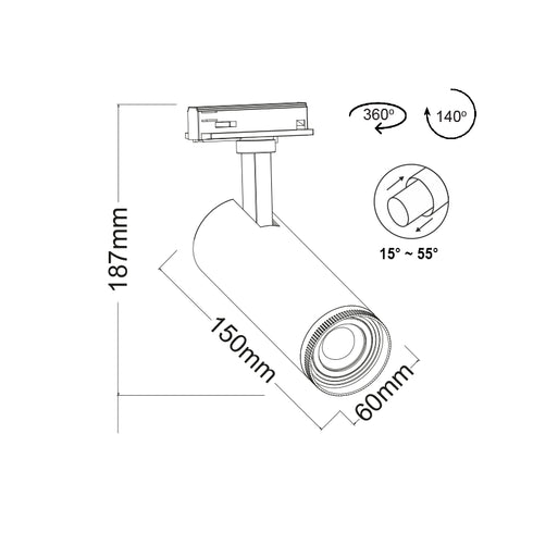 WHITE LED COB TRACK LUMINAIRE AIMY 10W 4000K 2WIRES 15-55° 1050LM 230V Ra80 AIMY1040W2
