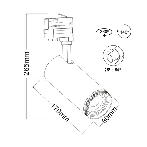 WHITE LED COB TRACK LUMINAIRE AIMY 30W 4000K 4WIRES 25-50° 3100LM 230V Ra80 AIMY3040W4