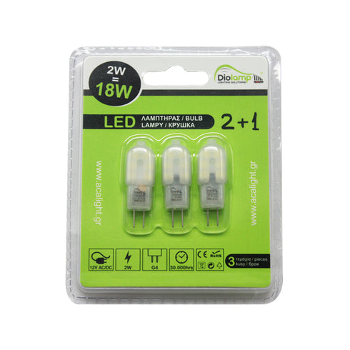 G4 PLASTIC LED 2W 3.000K 12V AC/DC 150Lm 2835SMD Ra80 3-PACK G428352WWP