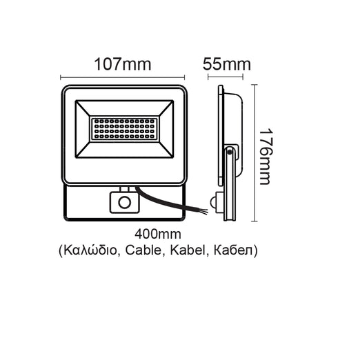 BLACK SENSOR LED SMD FLOOD LUMINAIRE IP66 20W 4000K 2070Lm 230V AC RA80