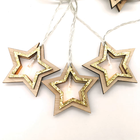 "WOODEN GOLD GLITTER STARS", 10 LED ΛΑΜΠ. ΣΕΙΡΑ ΜΠΑΤ. (3xAA), WW, IP20, 135+30cm, ΔΙΑΦ. ΚΑΛ. ΤΡΟΦ. X061011206B