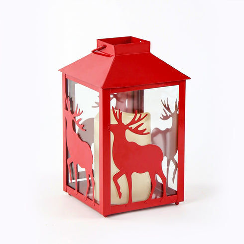 "METAL RED REINDEER LANTERN" ΛΕΥΚΟ ΚΕΡΙ, 1 LED ΛΑΜΠ. ΜΠΑΤ. (3xAAA), WW,IP44, Φ13Χ21CM X0711108