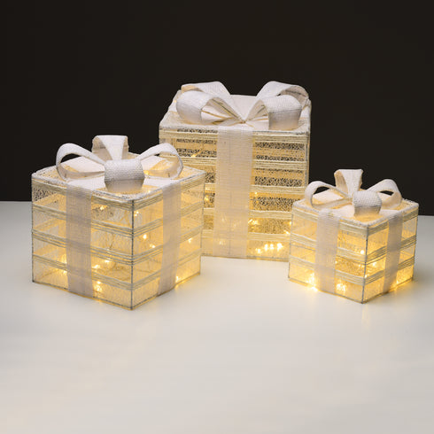 SET "WHITE GIFT BOX, BURLAP BOW" 75(15+25+35) WW LED ΜΠΑΤ. 3*3ΑΑ IP20 17,23,28.5CM X11751115