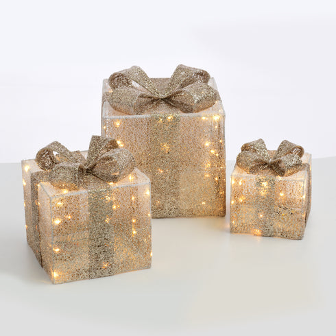 SET "WHITE&CHAMPAGN GOLD GIFT BOX&GLITR BOW" 90(20+30+40)WW MINILED ΜΠΑΤ.3*3ΑΑ IP20 17,23,28.5CM X11901114