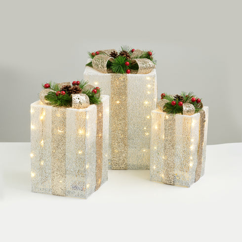 SET "WHITE&SILVER GIFT BOX,CHAMPAGN GOLD BOW" 90(20+30+40) WW MINILED ΜΠΑΤ.3*3ΑΑ IP20 30,36,41CM X11901116