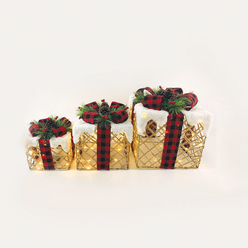 SET "WHITE COTTON GIFT BOX, RED&BLACK BOW" 90(20+30+40) WW MINI LED ΜΠΑΤ. 3*3ΑΑ IP20 18,24,30CM X1190111