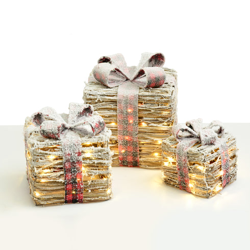 SET "RATTAN GIFT BOX, RED&BLACK BOW " 90(20+30+40) WW MINI LED ΛΑΜΠ. ΜΠΑΤ. 3*3ΑΑ IP20 18,24,30CM X1190112