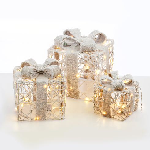 SET "RATTAN GIFT BOX, NATURAL BURLAP BOW" 90(20+30+40) WW MINI LED ΜΠΑΤ. 3*3ΑΑ IP20 18,24,30CM X1190113