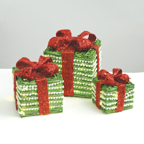 SET "GREEN SILVER RATTAN GIFT BOX, RED BOW" 90(20+30+40) WW MINI ΛΑΜΠ. ΜΠΑΤ. 3*3ΑΑ IP20 18,24,30CM X1190114