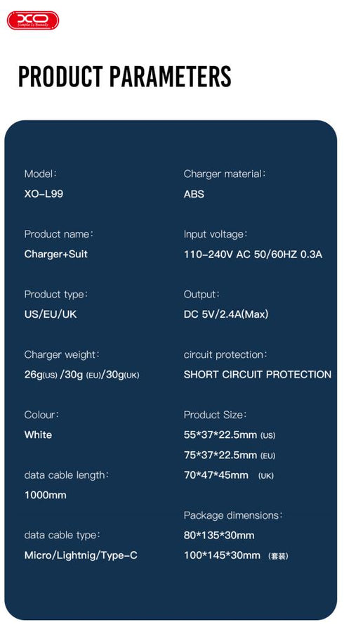 XO L99 2.4A Φορτιστής με Lightning Καλώδιο (NB103)
