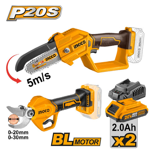 Αλυσοπρίονο + Κλαδευτήρι Μπαταρίας 20V Li-Ion Σετ 2 τεμ. INGCO COSLI23065E