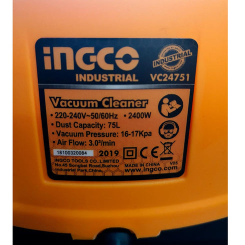 Ηλεκτρική Σκούπα Υγρών / Στερεών 75 Lit 2x1200W INGCO VC24751