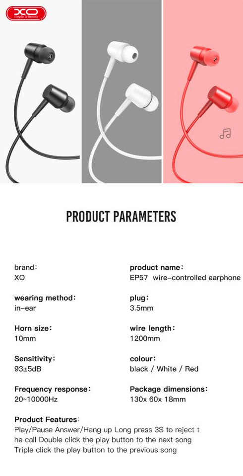 XO EP57 in-ear 3.5mm Handsfree Μαύρο