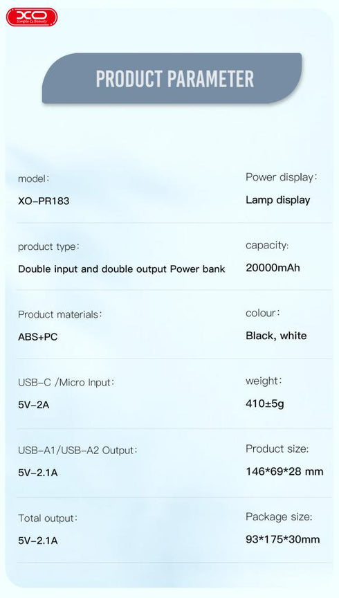 XO PR183 Light Display Power Bank 20000mAh Black