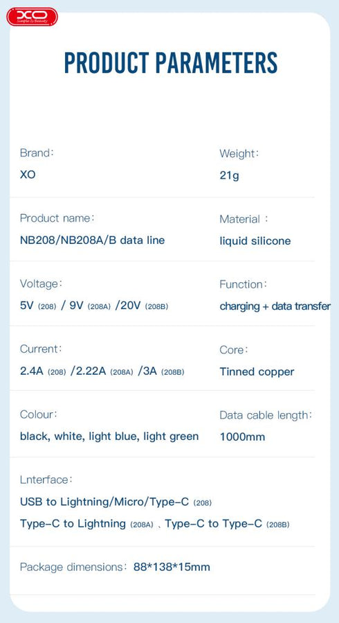 XO NB208 Liquid Silicone Data Lightning Cable 1m White