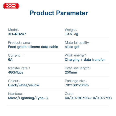 XO NB247 Suluo Series Portable Silicone 6A Lightning Data Cable L=25cm with Cable Clip