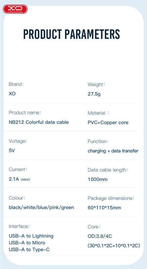 XO NB212 2.1A USB Καλώδιο for Lightning 1m Μπλέ