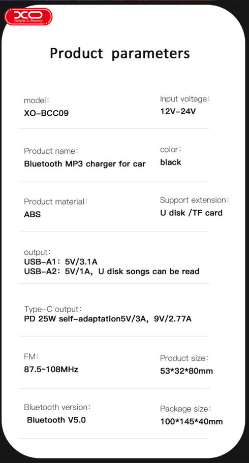 XO BCC09 Φορτιστής Αυτοκινήτου Bluetooth MP3 με TF card slot + PD 25W