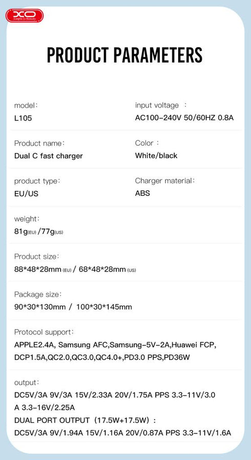 XO L105 (EU) Διπλής Θύρας Φορτιστής Type-C 35W