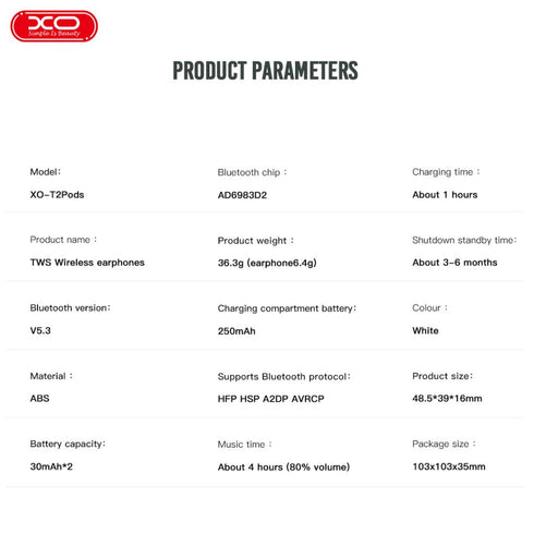 XO T2 Pods Bluetooth headset 2nd generation