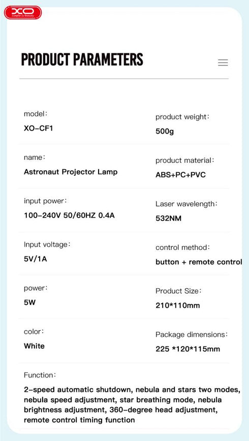XO CF1 Astronaut Star Projector Lamp