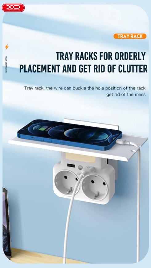 XO WL09 Πολύπριζο EU Smart Τοίχου με Βάση Κινητού και Νυχτερινό Φώς (2AC+2USB 2.4A) Άσπρο