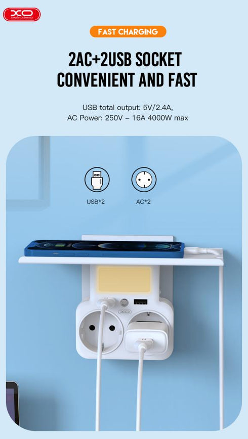 XO WL09 Πολύπριζο EU Smart Τοίχου με Βάση Κινητού και Νυχτερινό Φώς (2AC+2USB 2.4A) Άσπρο