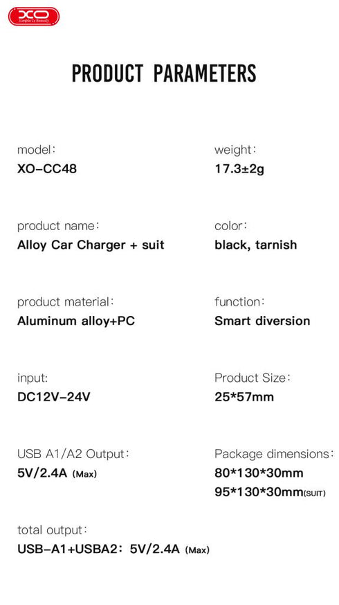 XO CC48 Smart Μεταλλικός Διπλός USB Universal Φορτιστής Αυτοκινήτου